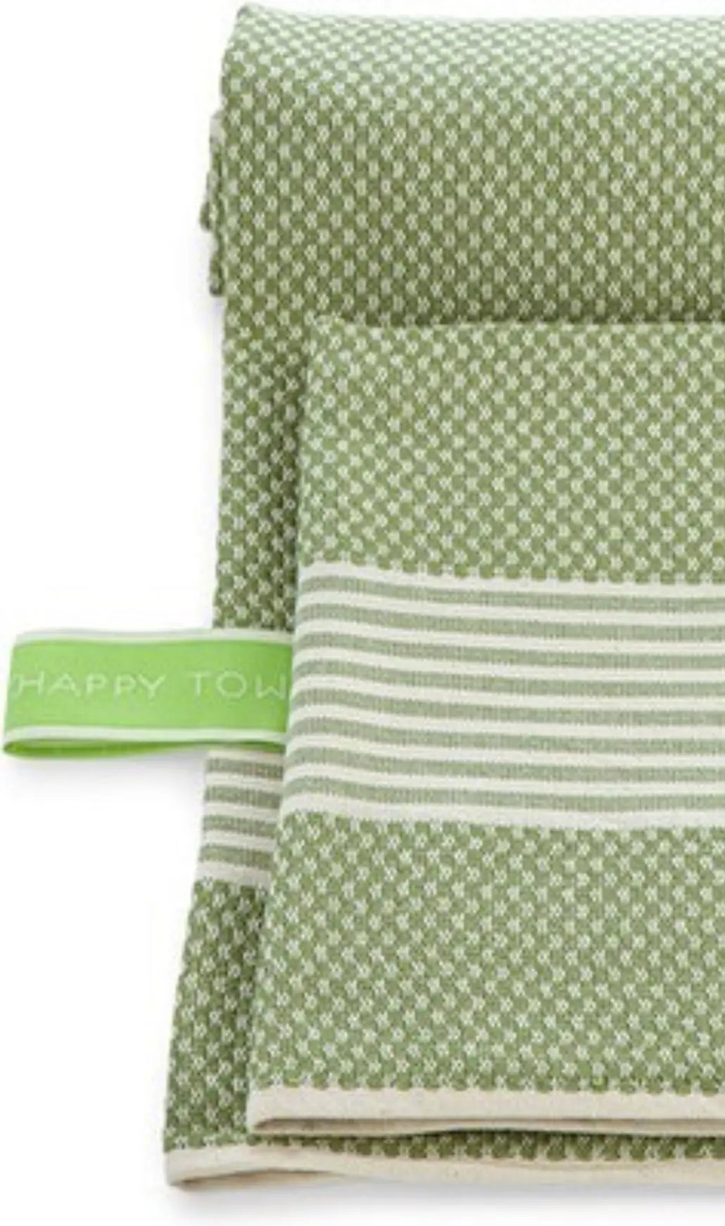 Green cotton label with a textured pattern, featuring a white striped section and a green tag reading "Happy Towels."
